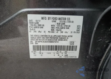 2017 Ford Edge Se из США, поврежденный, VIN 2FMPK4G9XHBB67413